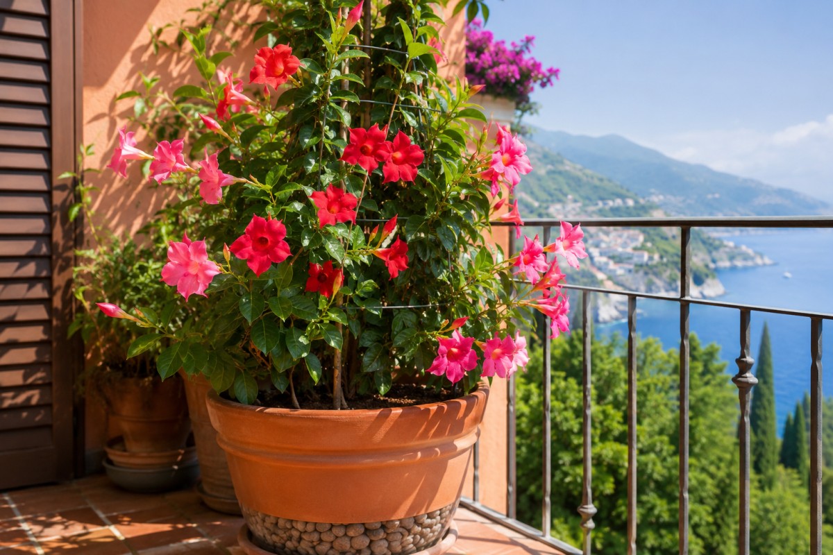 Dipladenia fiorita in vaso su balcone luminoso a luglio