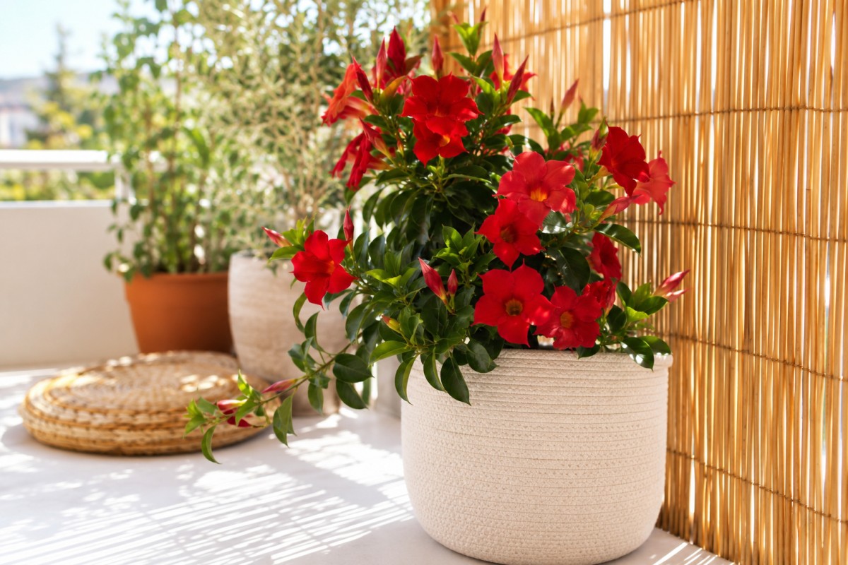 Dipladenia protetta da ombra filtrata su un balcone estivo