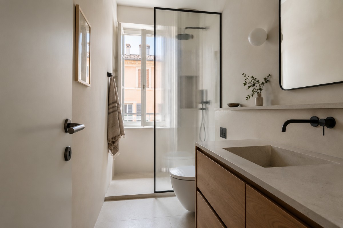 Bagno piccolo con parete doccia in vetro cannettato e mobile in legno chiaro