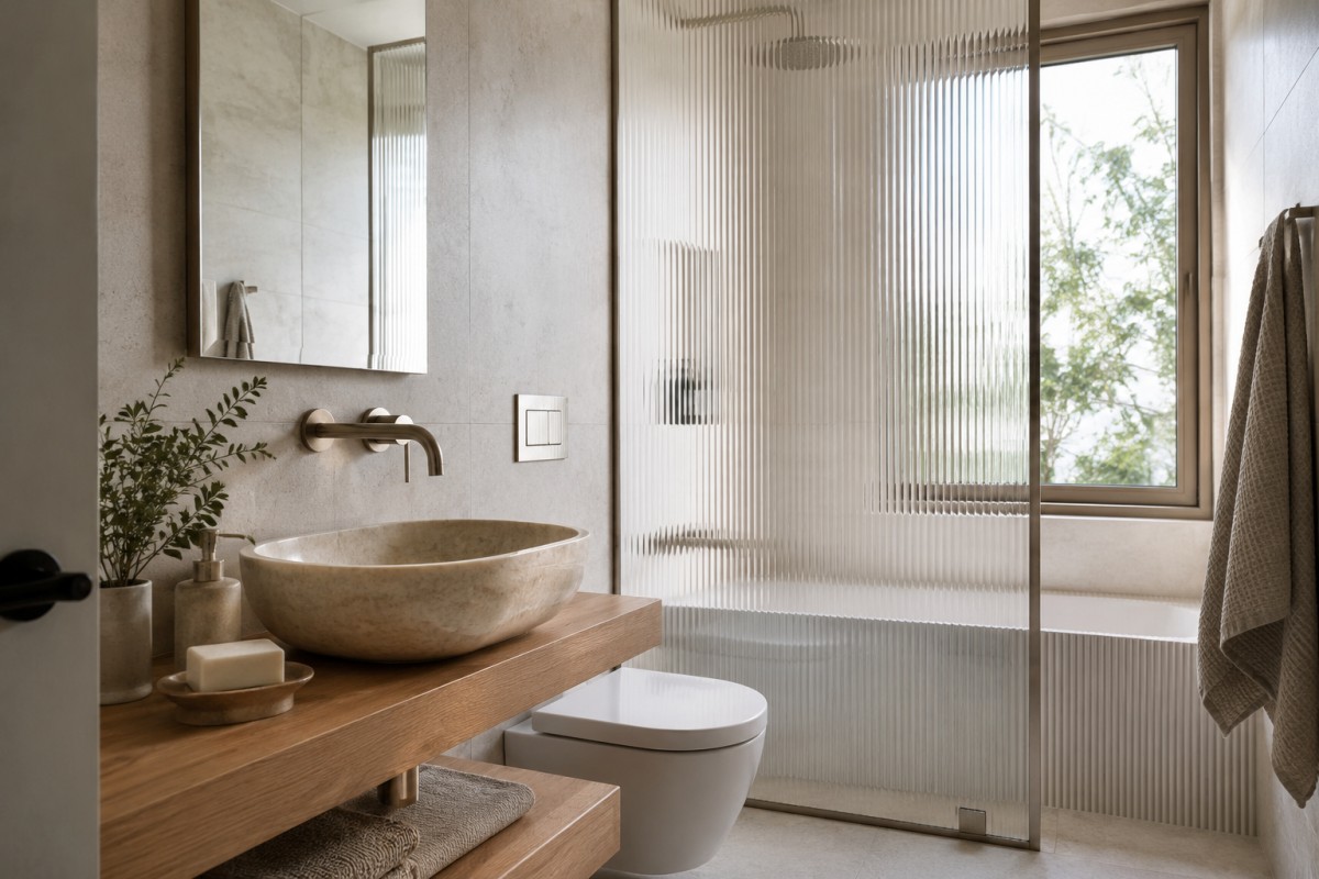 Bagno compatto luminoso con vetro cannettato vicino alla finestra