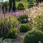 Aiuola soleggiata con salvia viola e gaura bianca in piena estate