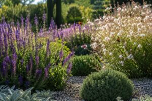 Aiuola soleggiata con salvia viola e gaura bianca in piena estate