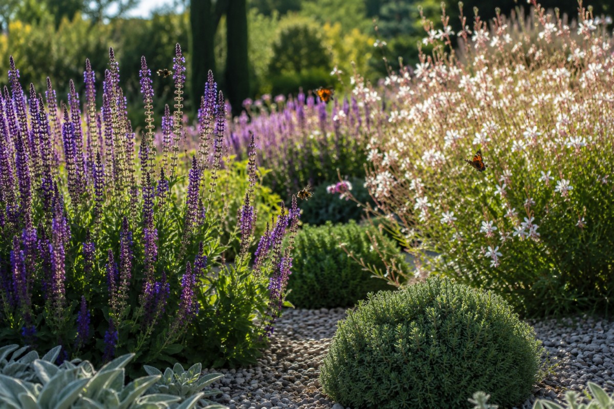 Aiuola soleggiata con salvia viola e gaura bianca in piena estate