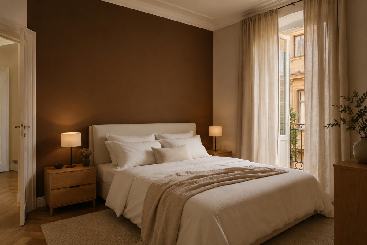 Camera da letto con parete marrone cacao, biancheria chiara e legno naturale