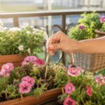 Vasi fioriti sul balcone con controllo del terriccio prima dell'annaffiatura