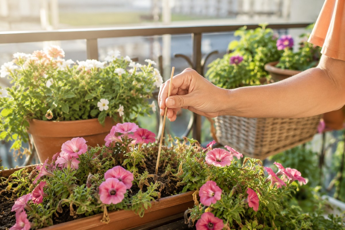 Vasi fioriti sul balcone con controllo del terriccio prima dell'annaffiatura
