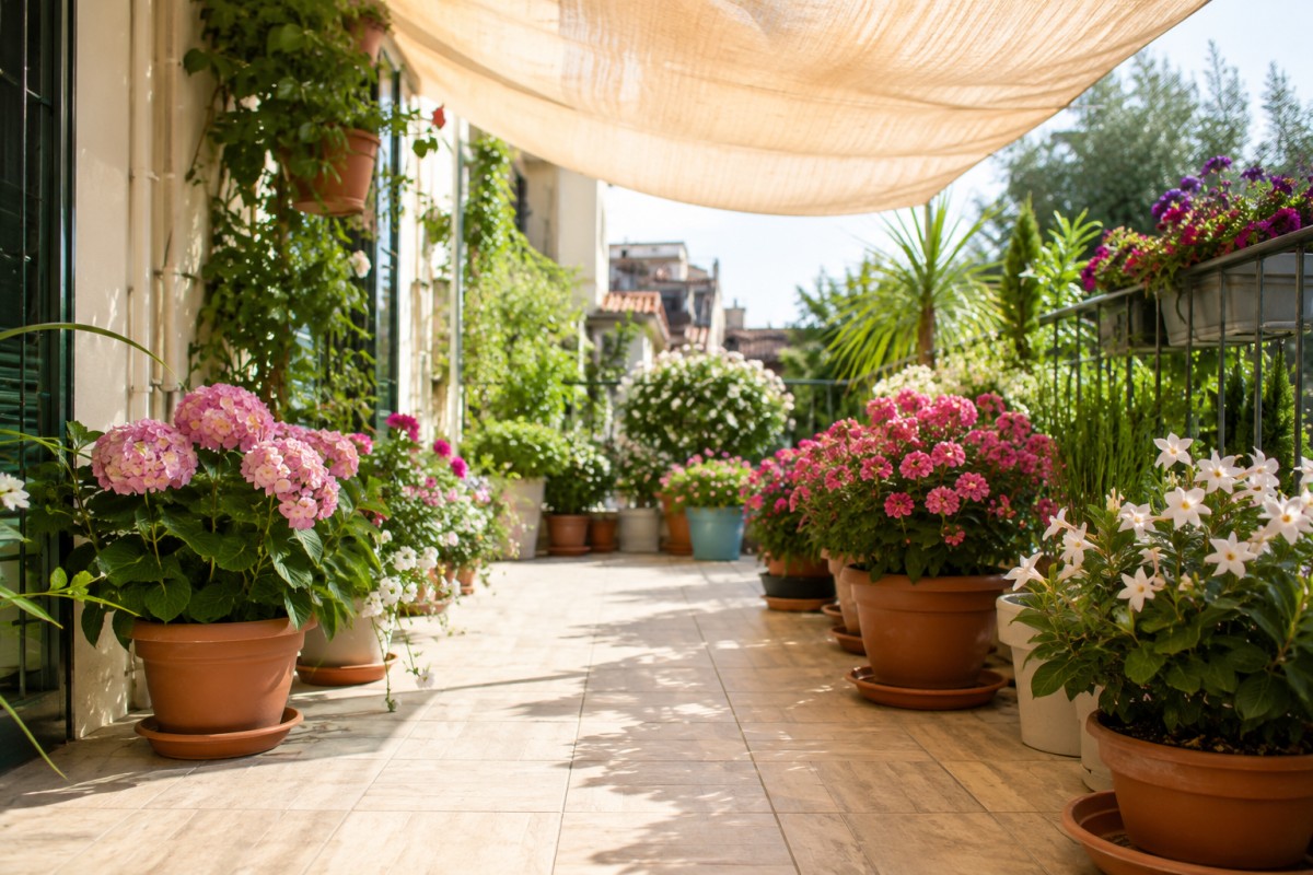 Balcone con piante fiorite protette da ombra filtrata e sottovasi puliti