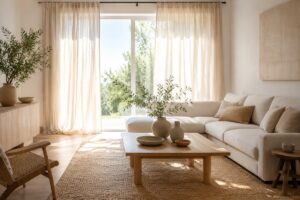 Soggiorno estivo luminoso con lino, fibre naturali e legno chiaro