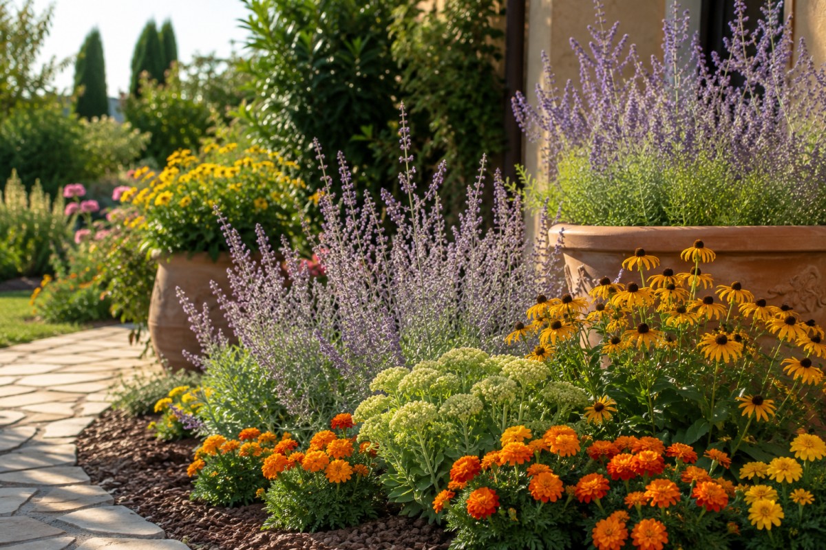Aiuola estiva con fiori resistenti piantati a luglio per fine estate