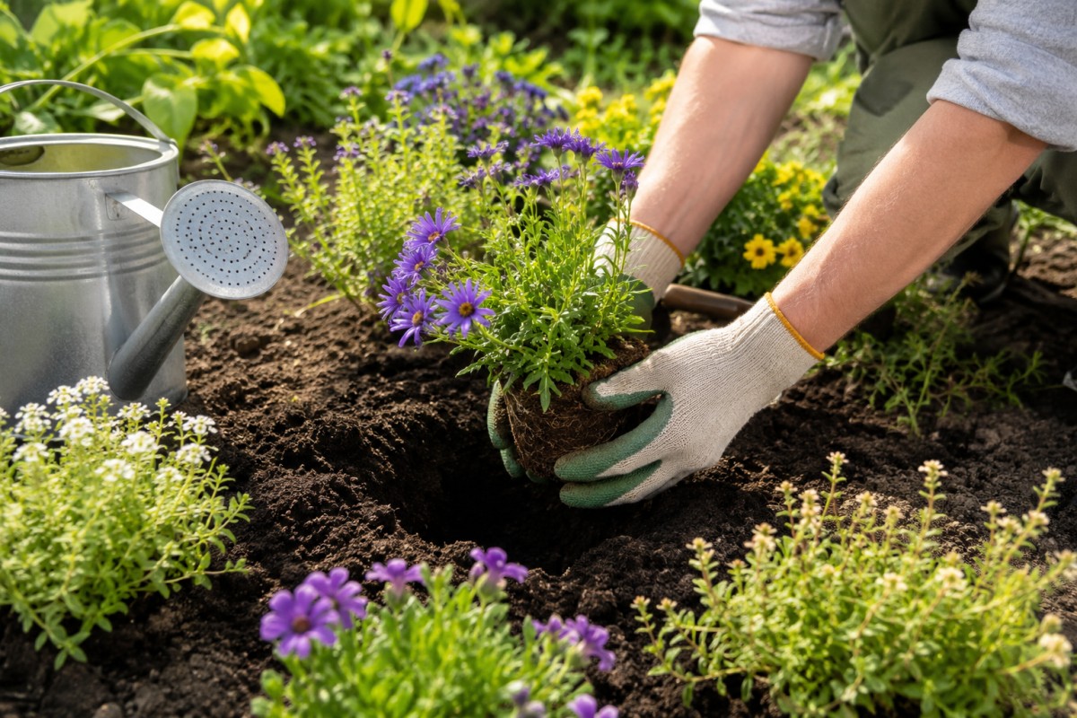 Trapianto di giovani fiori in aiuola con compost e annaffiatoio