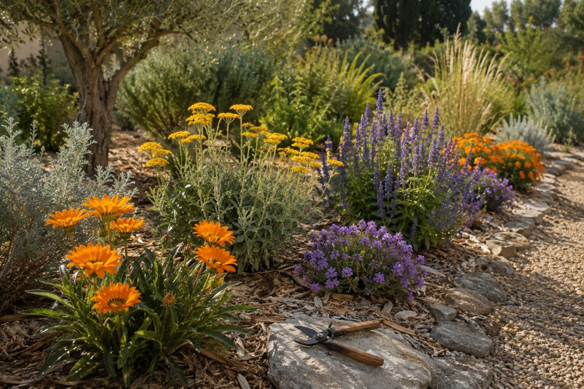 Bordura colorata di fine estate con pacciamatura e forbici da giardino