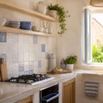 Cucina mediterranea contemporanea con pareti effetto calce e legno chiaro