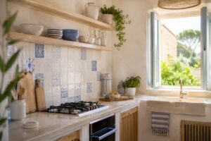 Cucina mediterranea contemporanea con pareti effetto calce e legno chiaro