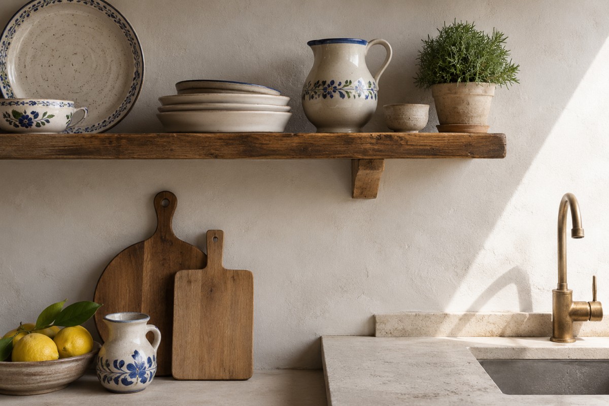 Mensola in legno con ceramiche e parete opaca in cucina mediterranea