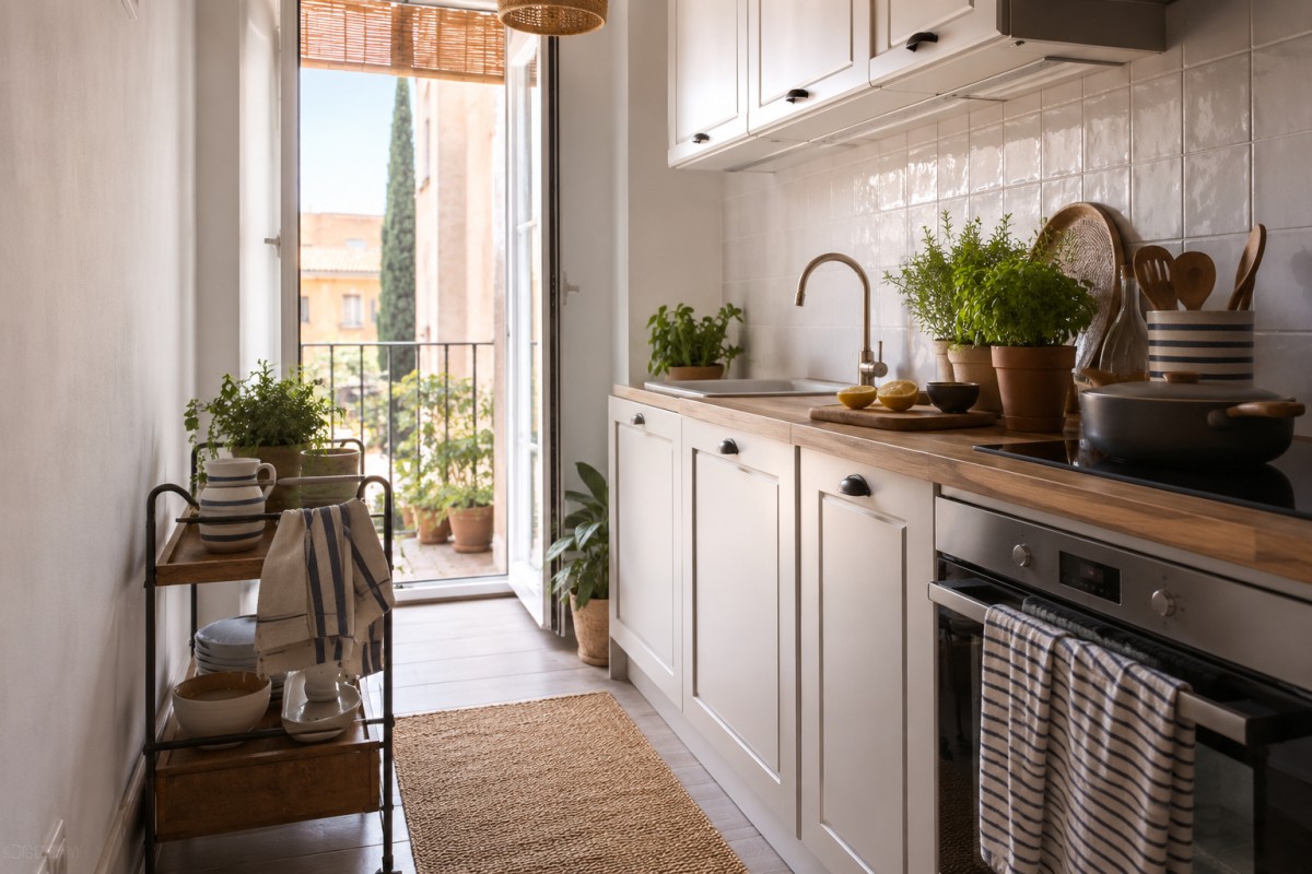 Cucina piccola con carrello sottile, erbe aromatiche e piano ordinato