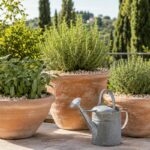 Vasi di rosmarino salvia e timo su terrazzo estivo con pacciamatura minerale