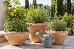 Vasi di rosmarino salvia e timo su terrazzo estivo con pacciamatura minerale