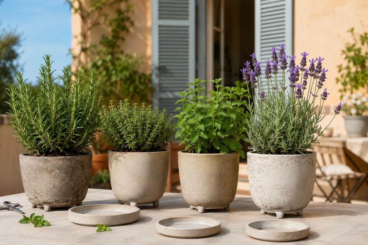 Composizione di aromatiche in vasi drenanti su terrazzo luminoso