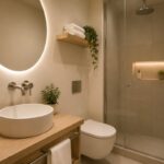 Bagno piccolo senza finestra con specchio retroilluminato e materiali chiari
