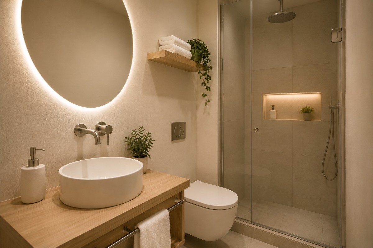 Bagno piccolo senza finestra con specchio retroilluminato e materiali chiari