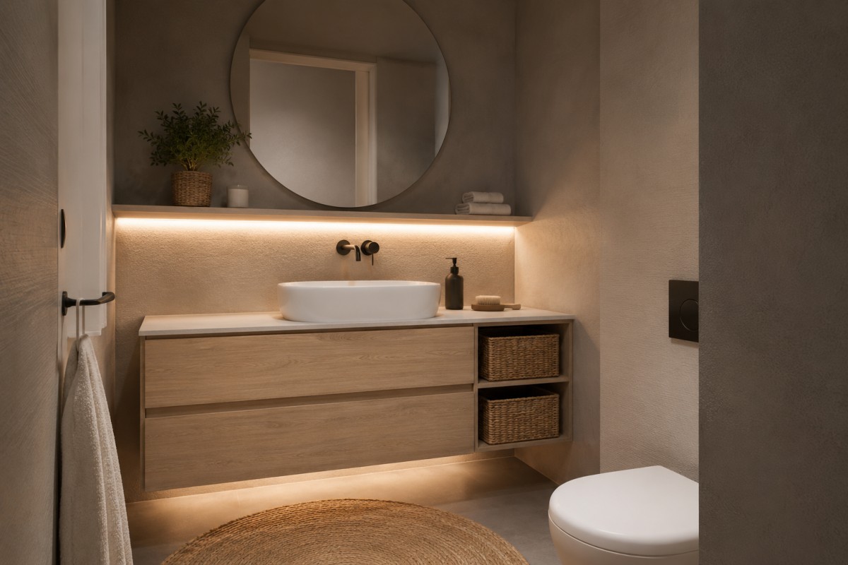 Mobile bagno sospeso con cesti ordinati e luce calda in bagno cieco