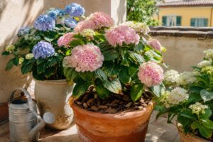 Ortensie in vaso su un balcone luminoso con pacciamatura e annaffiatoio