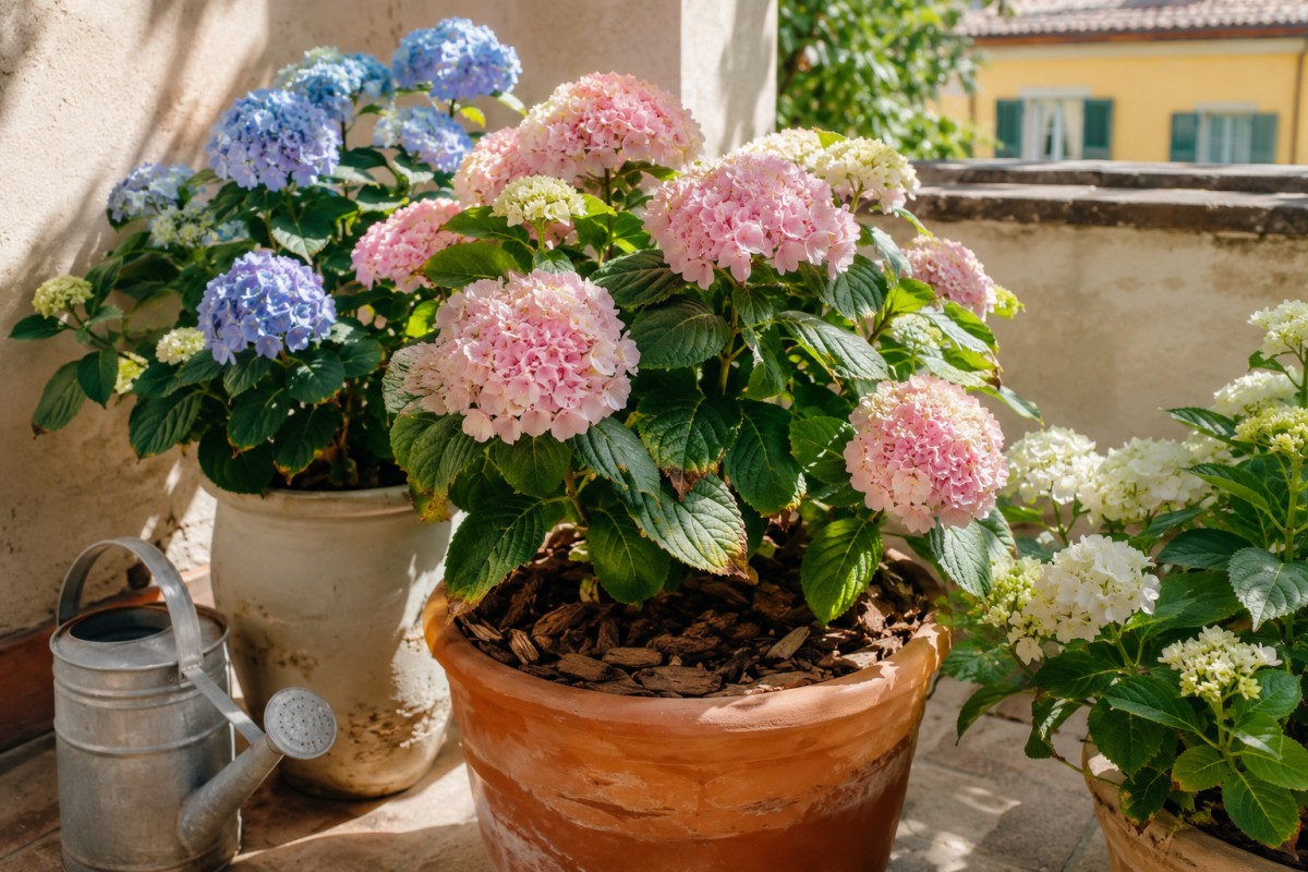 Ortensie in vaso su un balcone luminoso con pacciamatura e annaffiatoio