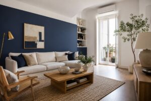 Soggiorno luminoso con parete blu profondo, bianco caldo e legno naturale
