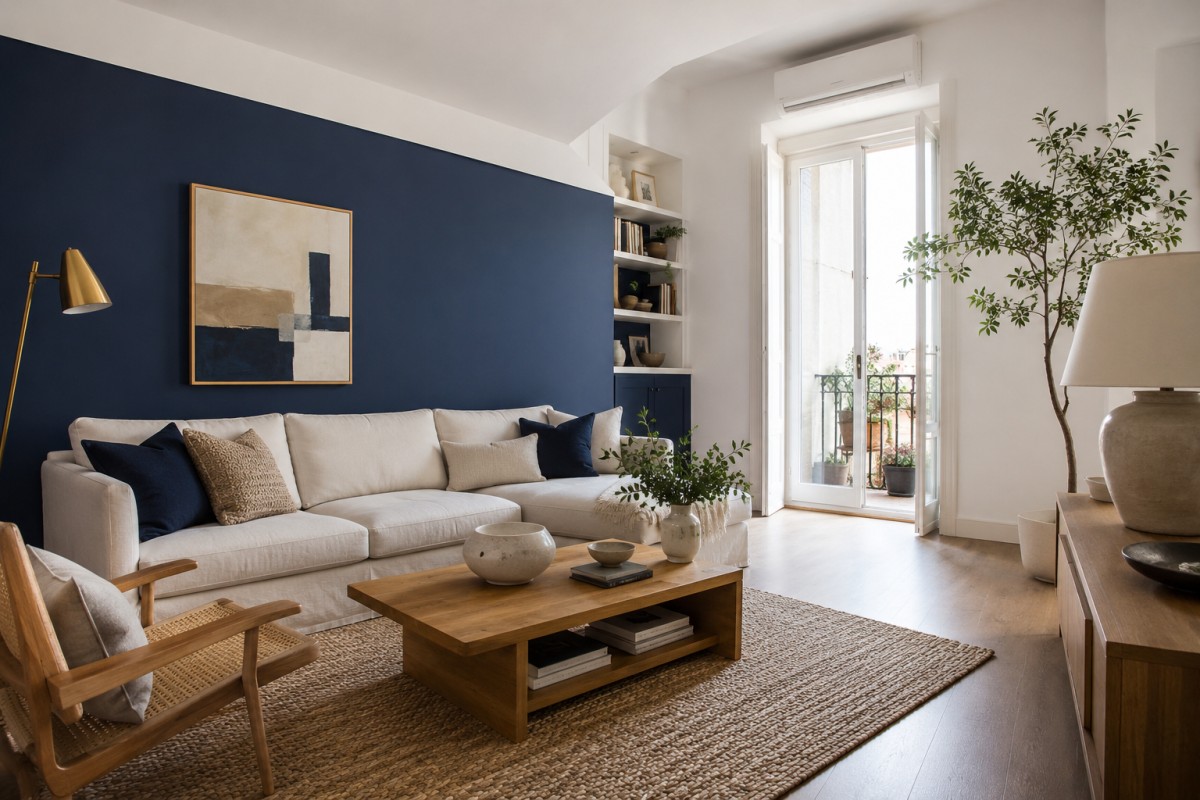 Soggiorno luminoso con parete blu profondo, bianco caldo e legno naturale