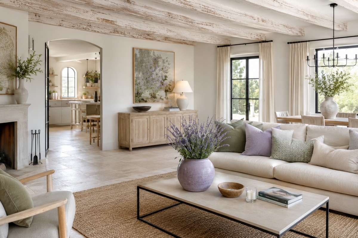 Soggiorno in stile provenzale alleggerito con lino, legno chiaro e colori morbidi