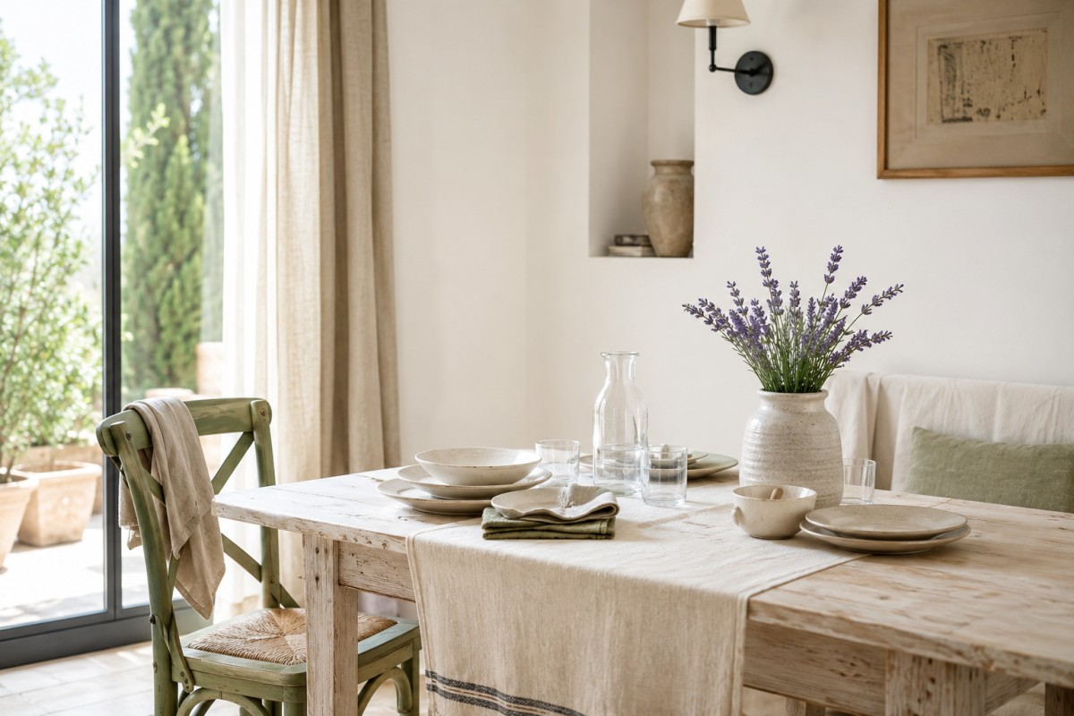 Angolo pranzo provenzale leggero con tavolo chiaro, ceramiche e dettagli salvia