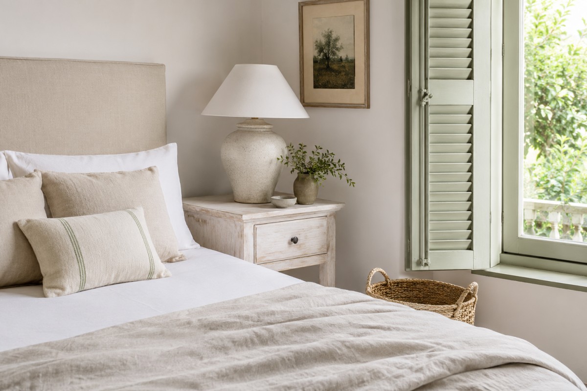Camera luminosa con letto in lino e comodino chiaro in stile provenzale moderno