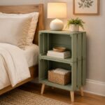 Comodino verde salvia realizzato con cassette di legno accanto al letto