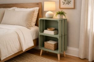 Comodino verde salvia realizzato con cassette di legno accanto al letto