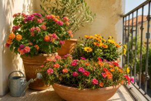 Balcone assolato con portulaca lantana e gazania in vasi di terracotta