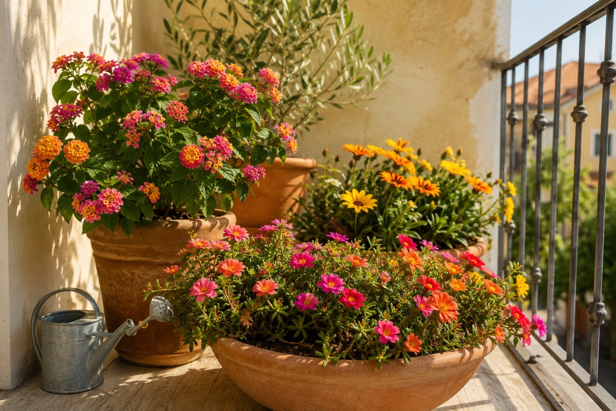 Balcone assolato con portulaca lantana e gazania in vasi di terracotta