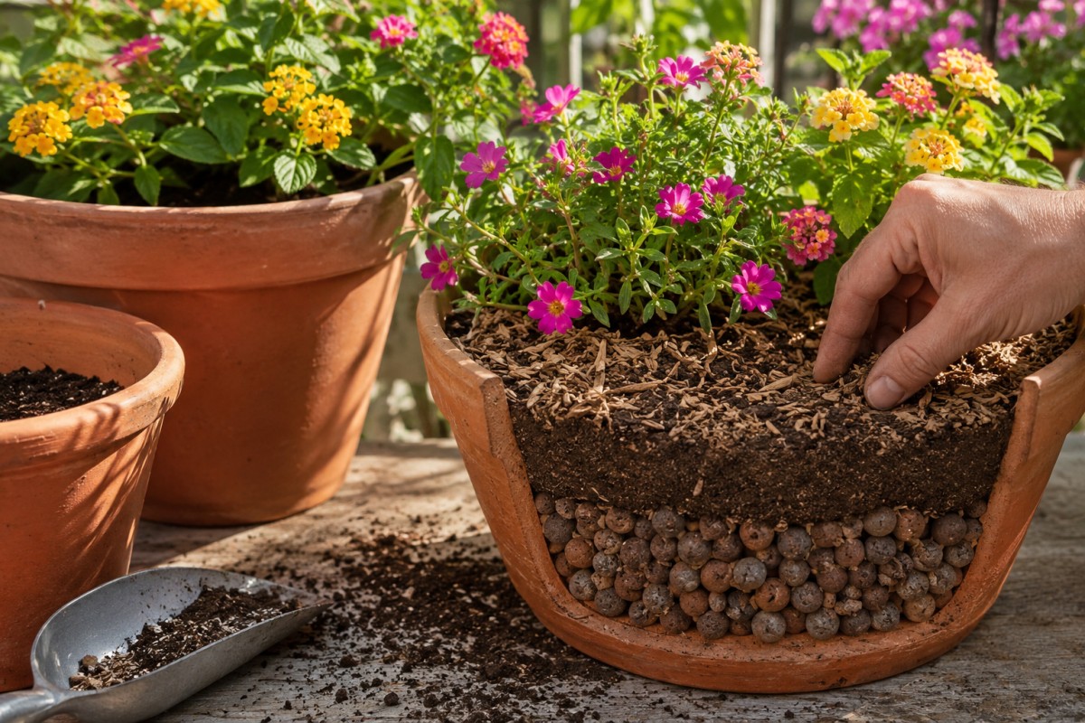 Dettaglio di vaso con fiori estivi drenaggio e pacciamatura leggera