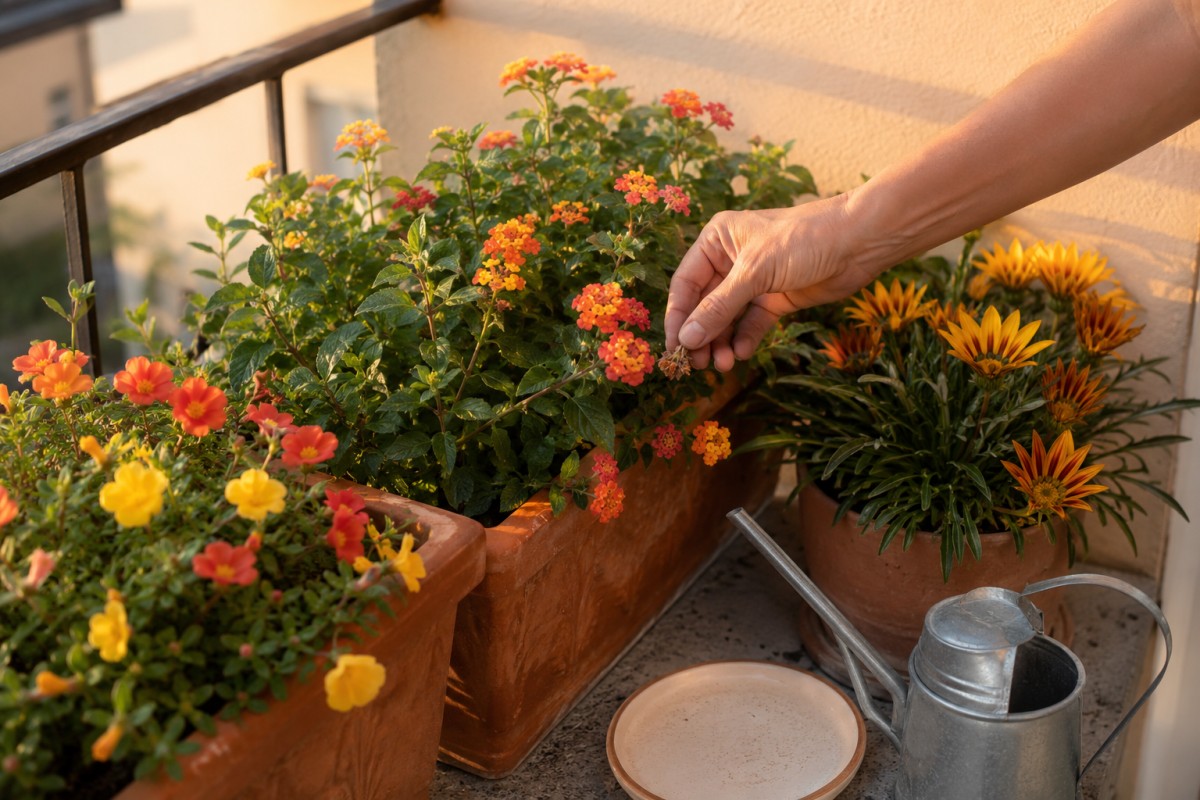 Pulizia serale dei fiori secchi su cassette di portulaca lantana e gazania