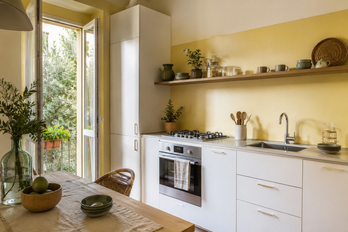 Cucina piccola luminosa con parete giallo burro pensili chiari e legno naturale