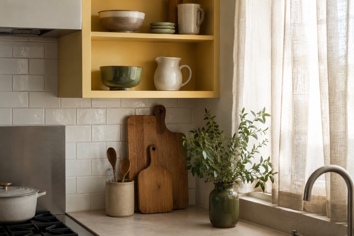 Dettaglio di cucina con nicchia giallo burro mensole in legno e ceramiche verdi