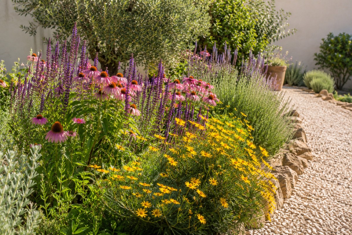 Aiuola al sole con echinacea salvia ornamentale e coreopsis in piena fioritura