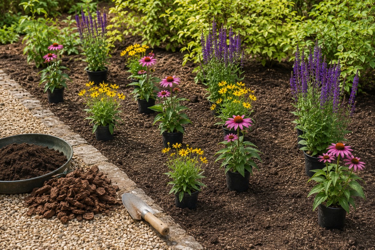 Piantine di echinacea salvia e coreopsis disposte in aiuola prima del trapianto