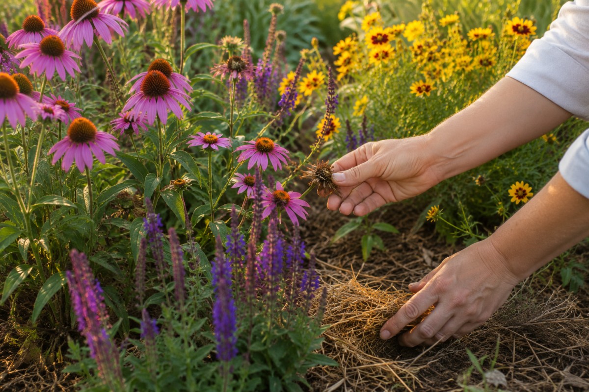 Pulizia dei fiori secchi in un'aiuola estiva con echinacea salvia e coreopsis