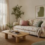 Soggiorno contemporaneo con divano floreale pareti chiare e materiali naturali