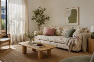 Soggiorno contemporaneo con divano floreale pareti chiare e materiali naturali