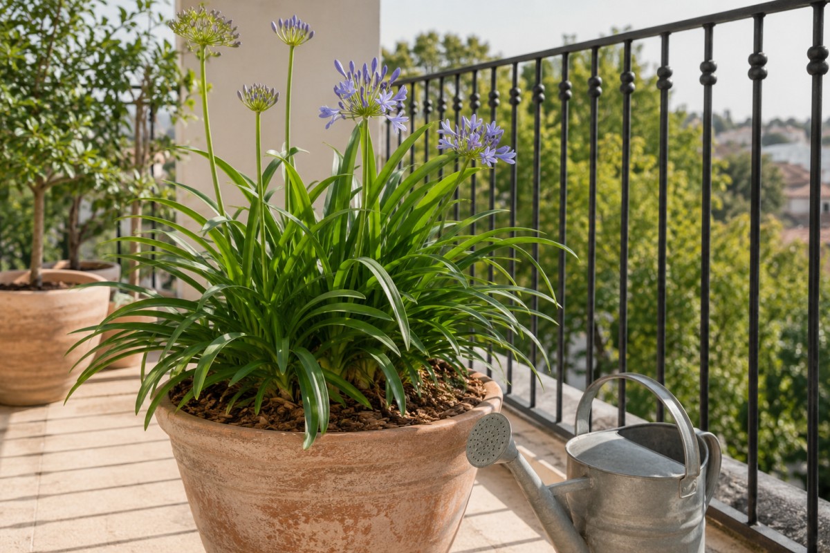 Agapanto in vaso curato con pacciamatura e annaffiatoio sul balcone