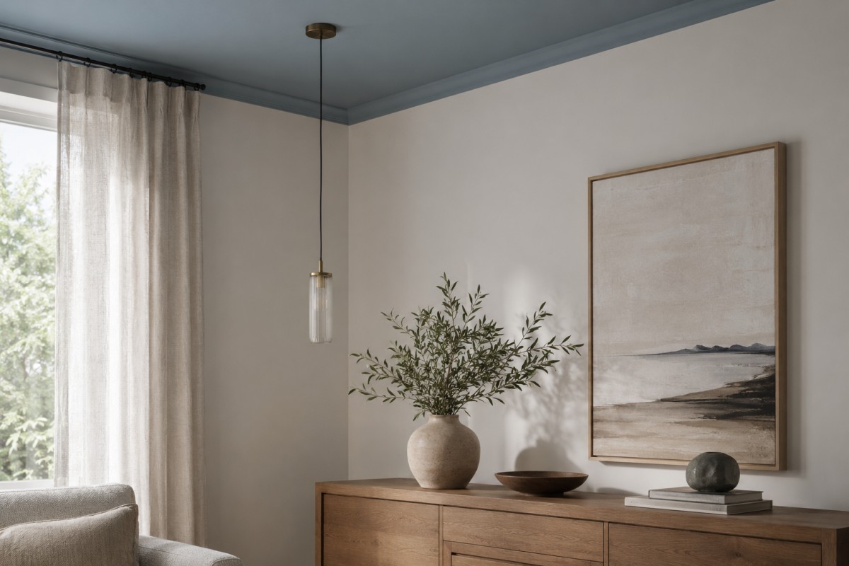 Dettaglio di soffitto colorato con pareti chiare e lampada sospesa