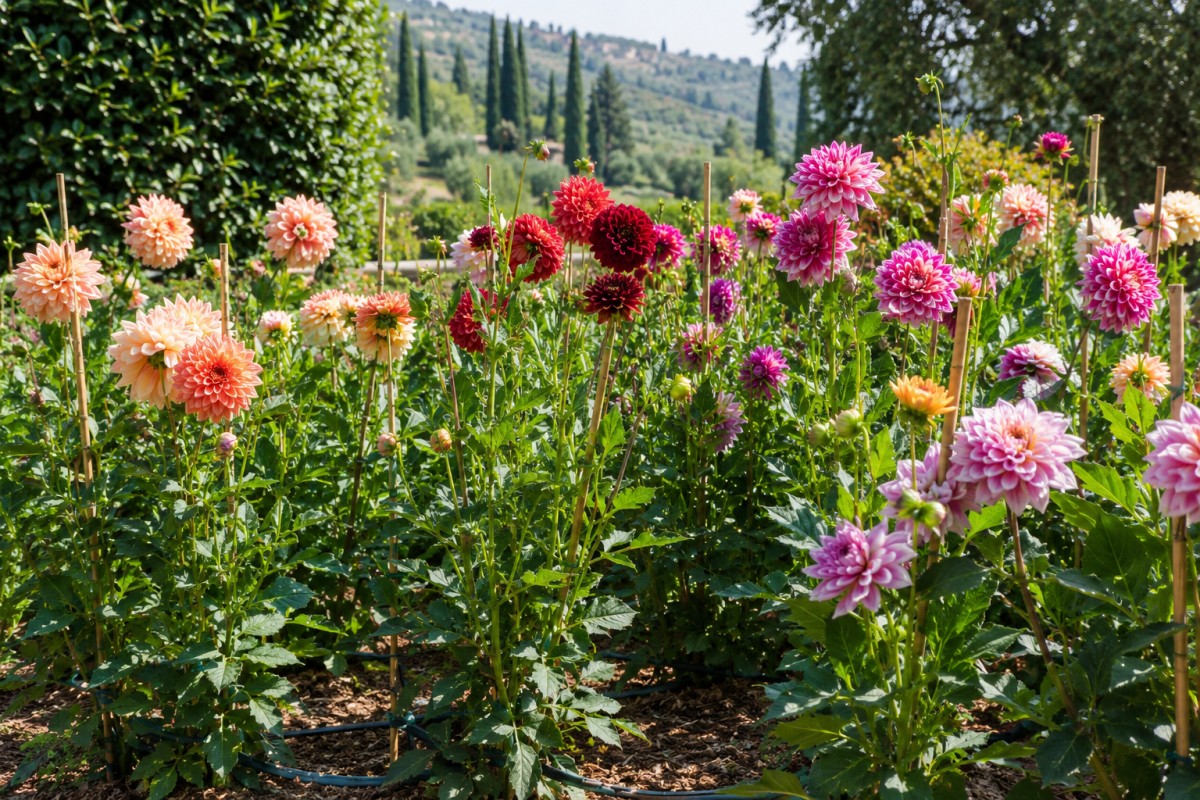 Dalie colorate in giardino estivo con sostegni e pacciamatura