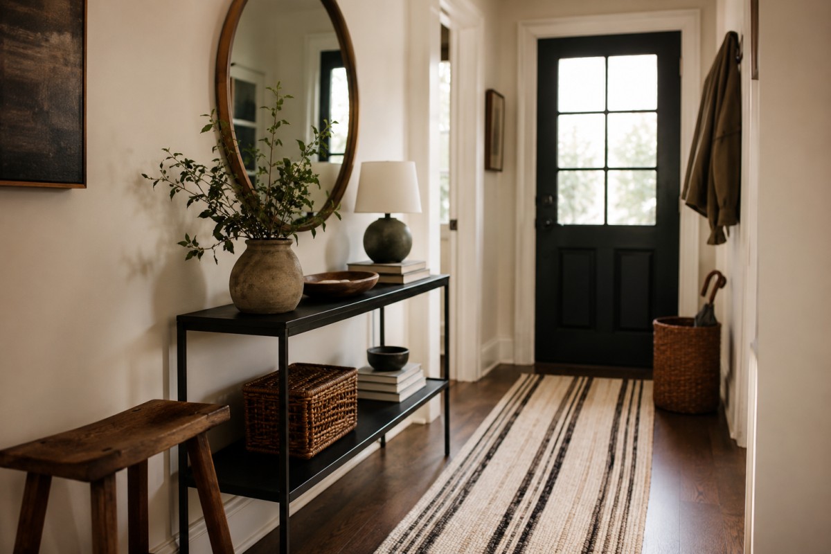 Ingresso elegante con runner a righe sottili e consolle nera
