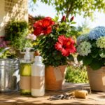 Tavolo da giardino con concime liquido, ibisco in fiore e ortensia in vaso
